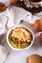 French onion soup with baked cheese bread in a bowl on the table vertical view Royalty Free Stock Photo