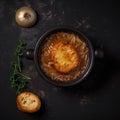 French Onion Soup On A Black Abstraction Round Plate, French Dish. Generative AI