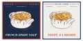 French onion soup in bowl vintage illustration