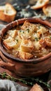 French onion soup with pieces of dried bread. AI generative Royalty Free Stock Photo