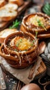 French onion soup with pieces of dried bread. AI generative Royalty Free Stock Photo
