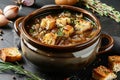 French onion soup with pieces of dried bread. AI generative Royalty Free Stock Photo