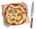 French open pie galette with mushrooms watercolor