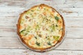 French opened pie quiche with salmon, broccoli, eggs. Fish tart