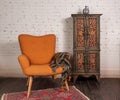 French orange wingback armchair, decorated cupboard, on white bricks wall and grunge wooden parquet