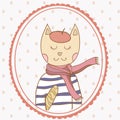 French parisian cat hand drawn illustration polka