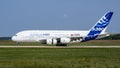 French passenger four-engine wide-body aircraft Airbus A-380 after landing moves along the runway of the Gromov airfield.