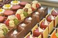 French pastries.Chocolate cakes macaron and others on display a confectionery shop