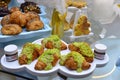 French pastries on display in patisserie.