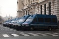 French police forces Gendarmerie vans waiting in line near their headquarters for Downtown Paris.