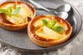 French portioned Apple tartlets decorated with mint close-up in a plate. Horizontal