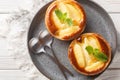 French portioned Apple tartlets decorated with mint close-up in a plate. Horizontal top view