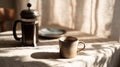 French Press And Ceramic Mug On Sunlit Table. Cozy Morning Coffee Scene Royalty Free Stock Photo