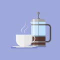 French press and coffee cup. Flat style vector illustration.