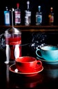 French press with fruit red tea and two Cups of freshly brewed fruit tea Royalty Free Stock Photo