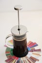 Brewing black coffee in French press. On coffee Taster`s Flavor Wheel. Plunger not lowered. White background
