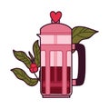 French Press With Heart Design Surrounded by Coffee Leaves and Berries Royalty Free Stock Photo