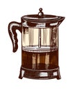 French press for making coffee in vintage style. Hand drawn engraved retro sketch for labels. Brewing cappuccino or Royalty Free Stock Photo