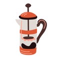 French press - a simple device for brewing coffee. Coffee maker doodle, hand drawn styles. Vector flat material design isolated on