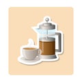 French Press sticker illustration. Cup, saucer, coffee, utensil, steam. Editable vector graphic design.