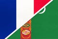 France and Turkmenistan or Turkmenia, symbol of national flags from textile. Championship between two countries