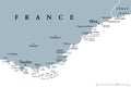 French Riviera, Cote dAzur, a Mediterranean coastline, gray political map