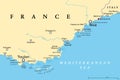 French Riviera, Cote dAzur, a Mediterranean coastline, political map