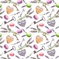 French rural background - lavender flowers, macaroon cakes, vintage keys, textile hearts. Seamless pattern. Watercolor