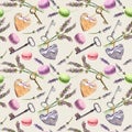 French rural background - lavender flowers, macaroon cakes, vintage keys, textile hearts. Seamless pattern. Watercolor