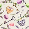 French rural background - lavender flowers, macaroon cakes, vintage keys, textile hearts. Seamless pattern. Watercolor