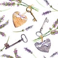 French rural background - lavender flowers, vintage keys, textile hearts. Seamless pattern, country style of Provence