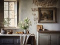 French rural cottage style kitchen filled with natural light and antique wooden finishes. Natural finishes for comfortable family Royalty Free Stock Photo