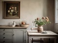 French rural cottage style kitchen filled with natural light and antique wooden finishes. Natural finishes for comfortable family Royalty Free Stock Photo