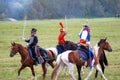 French and Russian soldiers-reenactors fight on the battle field. Royalty Free Stock Photo