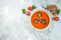 French seafood bouillabaisse soup with mussels. on a light background top view. place for text