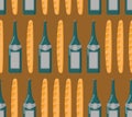 French seamless pattern. Baguette and wine.