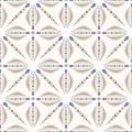 French shabby chic azulejos tile vector texture background. Dainty flower yellow blue on off white seamless pattern