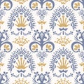 French shabby chic damask vector texture background. Antique white yellow blue flourish seamless pattern. Hand drawn