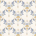 French shabby chic damask vector texture background. Dainty flower in blue and yellow on off white seamless pattern