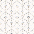 French shabby chic damask vector texture background. Dainty flower in blue and yellow on off white seamless pattern