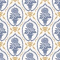 French shabby chic damask vector texture background. Primula spring flower pot white, yellow blue seamless pattern. Hand Royalty Free Stock Photo