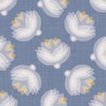 French shabby chic floral linen vector texture background. Pretty tulip flower on blue seamless pattern. Hand drawn