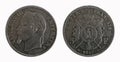 French silver coin of five francs minted in 1867