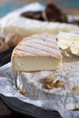 French soft cheeses - camembert, marcaire, munster, brie - delicious dessert with nuts and dried fruits Royalty Free Stock Photo