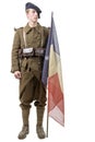 1940 french soldier with a flag isolated on a white background Royalty Free Stock Photo
