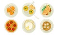 French Starters and Main Courses with Mushroom Cream Soup and Julienne Dish Vector Set