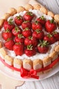 French Strawberry charlotte close-up on the table. vertical