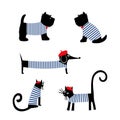 French Style Animals Set. Cute Cartoon Parisian Dachshund, Cat And Scottish Terrier Vector Illustration.