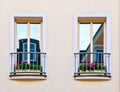 French style balcony windows with geranium flower pots Royalty Free Stock Photo