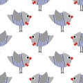 French style birdie boy seamless pattern on white background. Cute cartoon bird vector illustration.